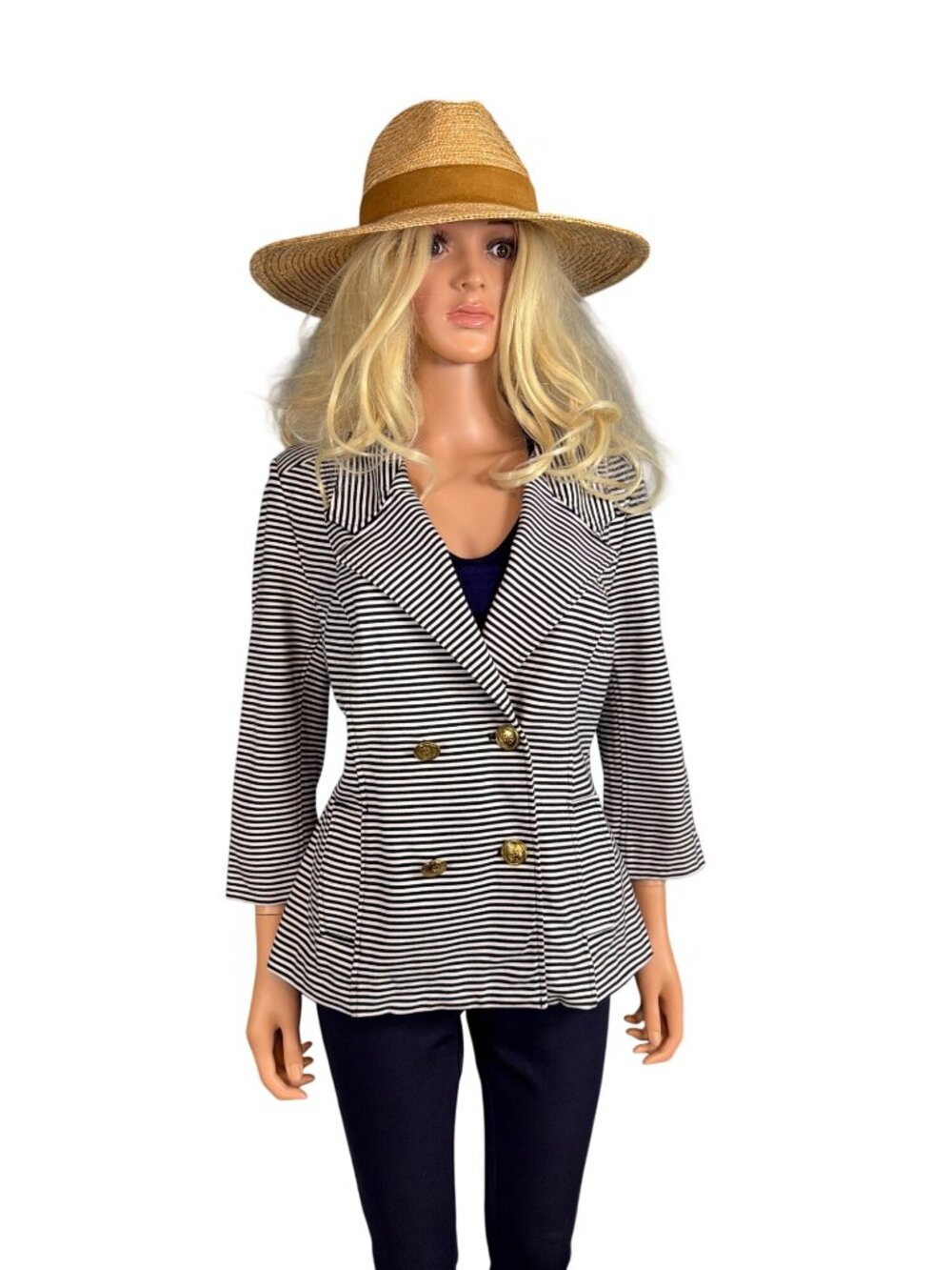 CAbi #823 L Striped Nautical Anchor Button Stretch Double Breast Blazer Jacket